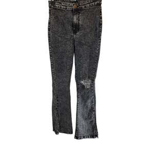 PrettyLittleThing Black Gray Acid Wash Distressed Flare Jeans Size 10 Split Hem